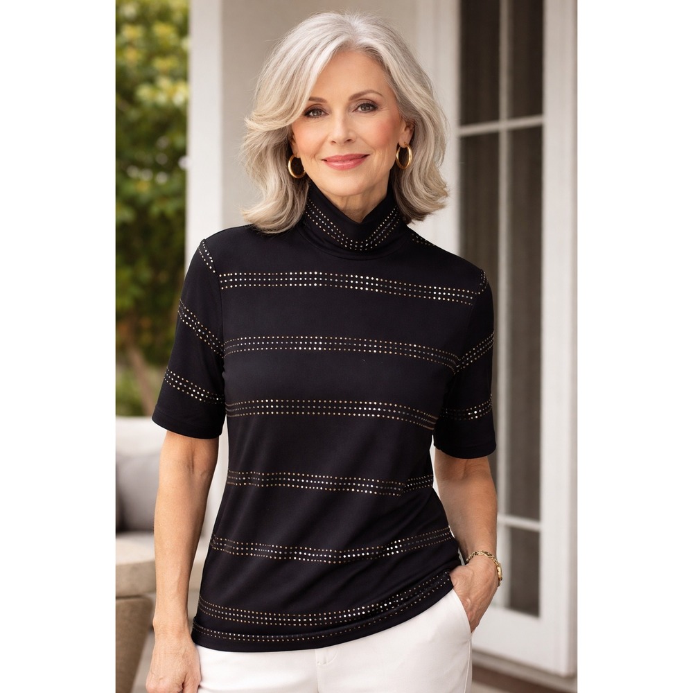 St John Sport Marie Gray Black Studded Mock Neck Short Sleeve Top Large USA